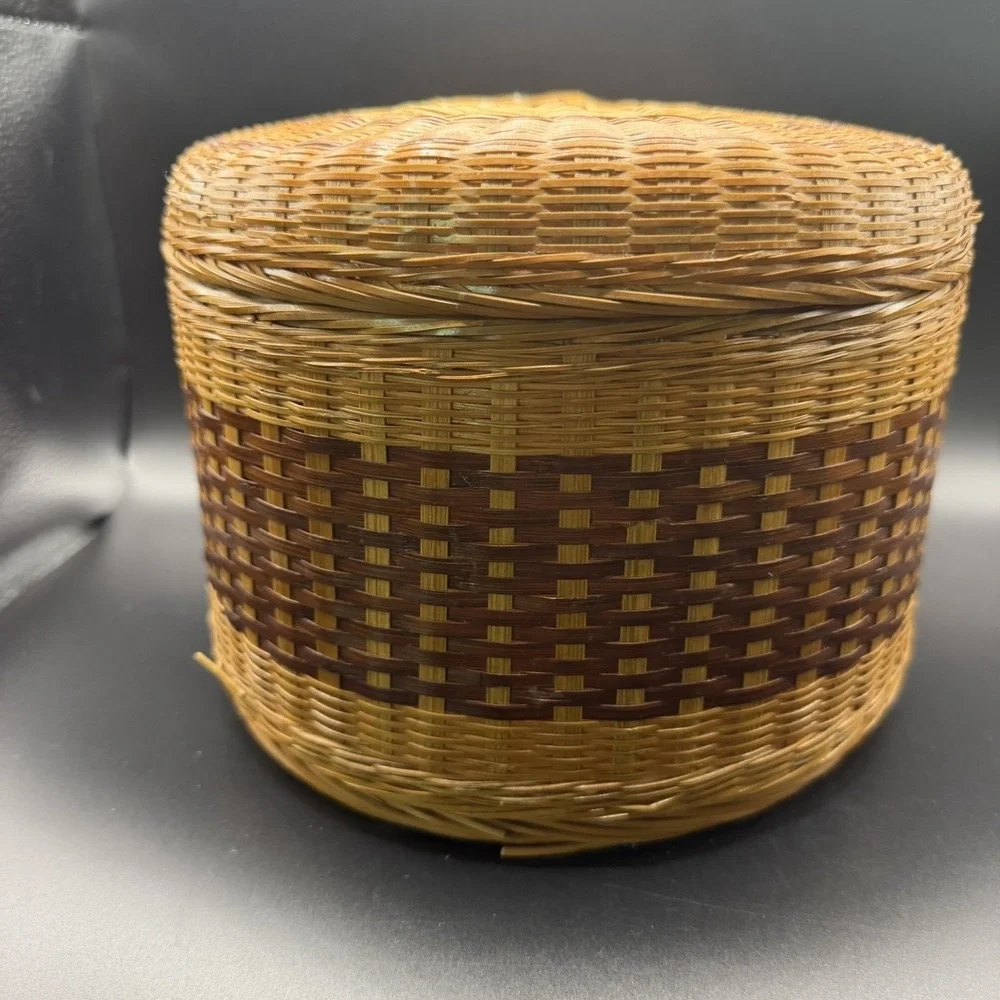 Vintage Tightly Woven Lidded Round Basket, Storage, Sewing Notions, Container